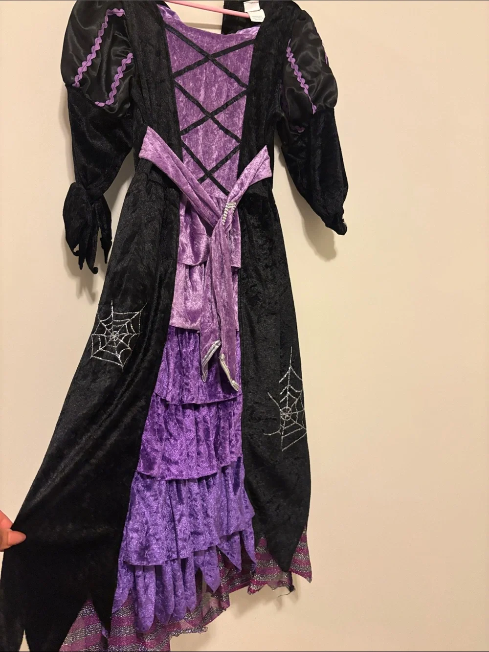 Girls Purple and Black Velvet Witch Costume Dress with Lace-Up Bodice ,Witch hat